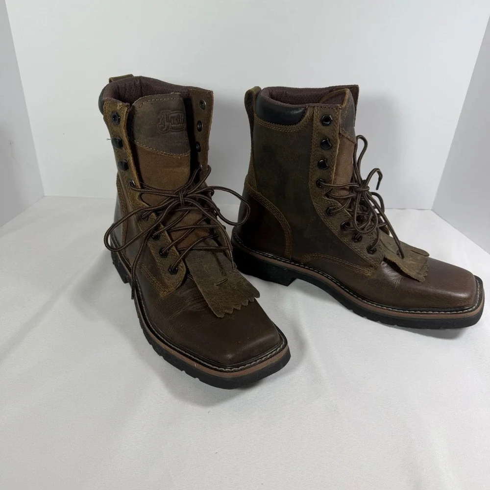 Justin Mens SE681 Stampede Brown Leather Square Toe Lace Up Work Boots 8 D‎ EH